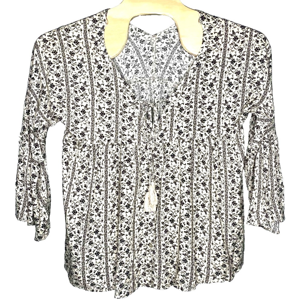 Heyson Blouse White Black Floral Babydoll Cottagecore Bell Sleeve Sz Large Boho